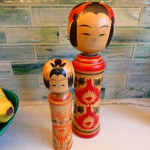 Vintage Kokeshi Wooden Hand Painted Japanese Dolls-Set of 2